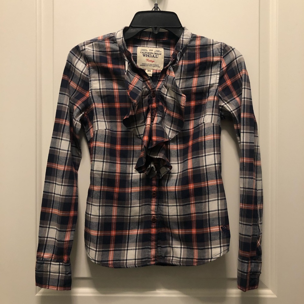 Who.a.u Navy Plaid Ruffles Long Sleeve Top XS